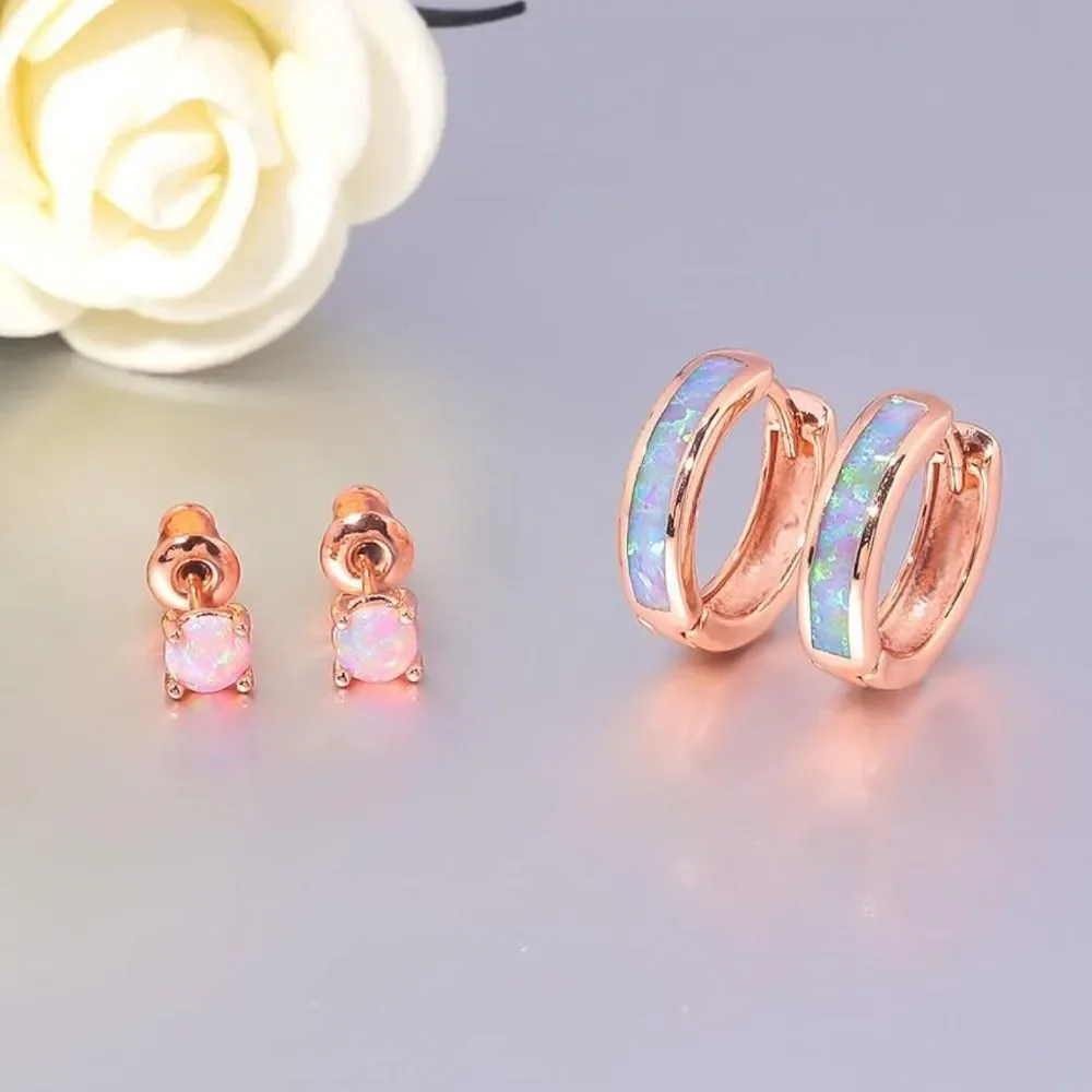 14K Rose Gold with Genuine Pink Fire Opal Huggie and Stud Earrings Set of 2